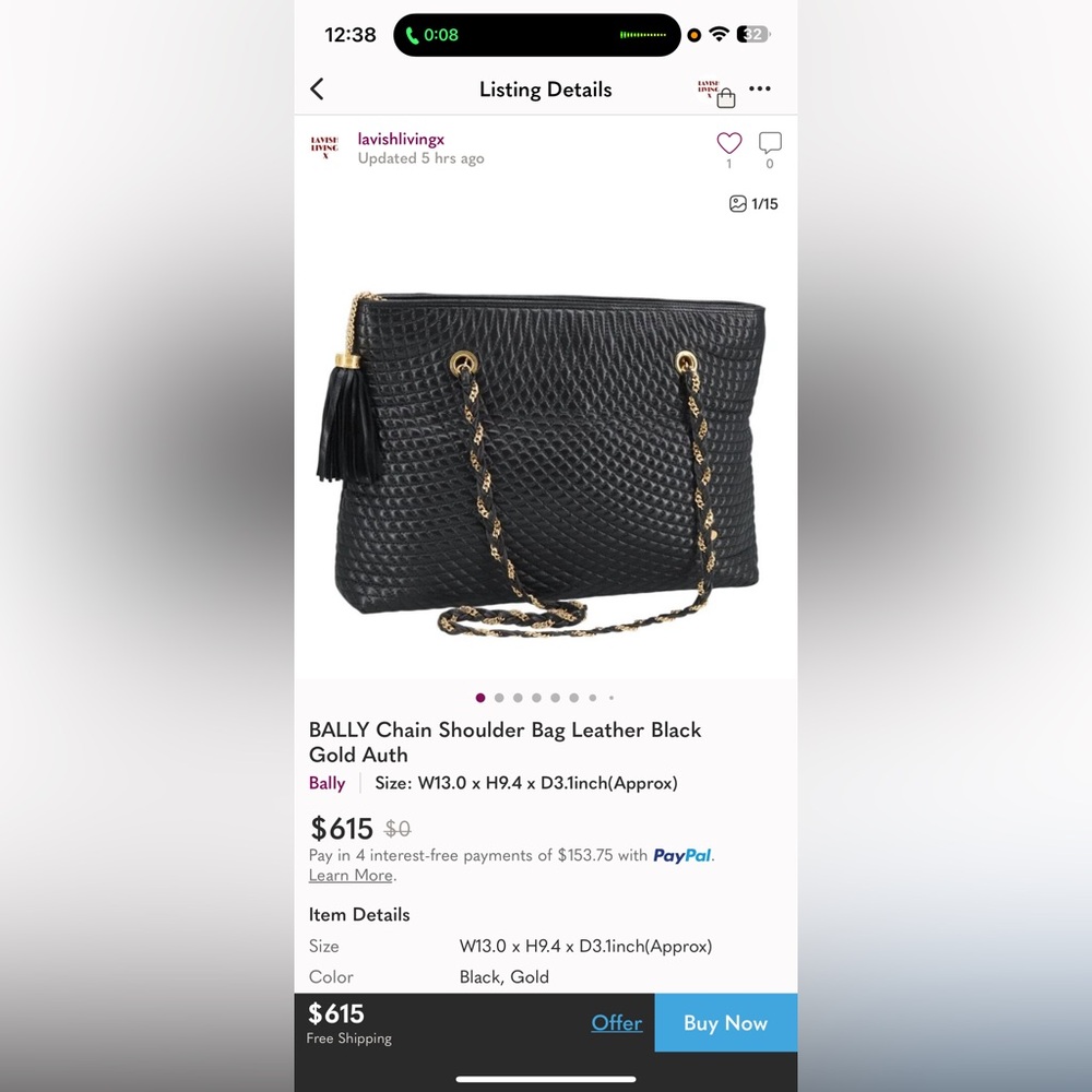 Bally Vintage Black Quilted Gold Tone Hardware Chain Straps Leather Shoulder Bag - Picture 9 of 15